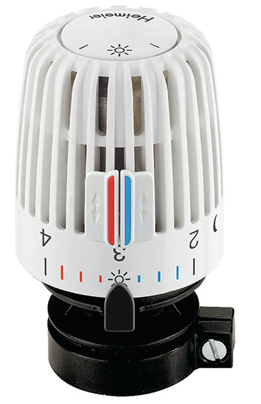 Thermostatkopf von IMI Hydronic Engineering mit einstellbarem Temperaturregler und Anschluss für Danfoss RAV-Ventile. Weißes Gehäuse mit Skala und Bedienknopf.